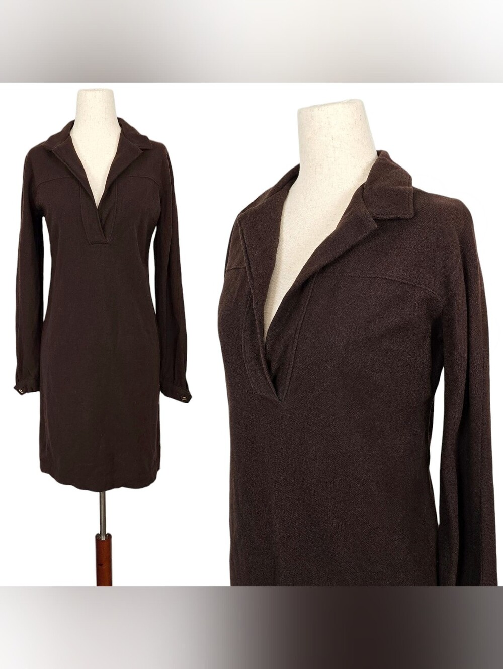 1960s Shift Dress 60s Vintage Mini Medium Brown Gold Long Sleeves V Neck Mod Vtg